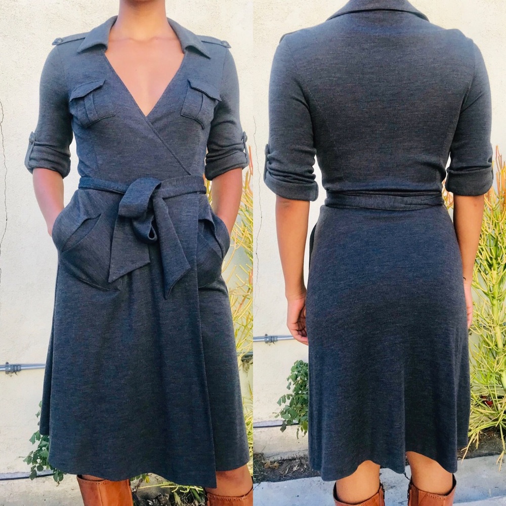 Diane Von Furstenburg GRAY WRAP DRESS W/POCKETS